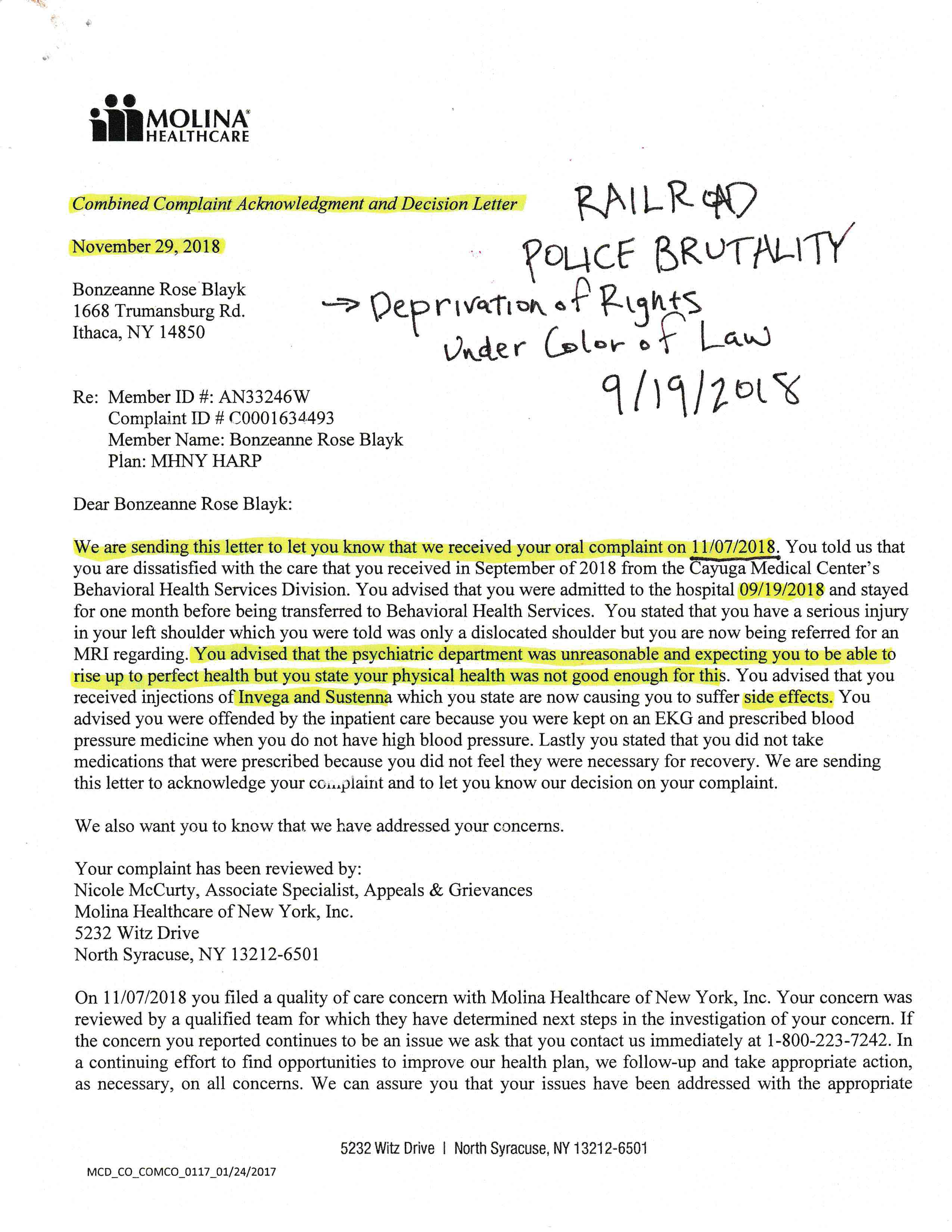 ./2018-11-29 - Bonze Blayk RAILROAD Tompkins CR-018365-18 - POLICE BRUTALITY, PSYCHIATRIC COVERUP, MEDICAID FRAUD IPD G.I. Herz John Joly CMC LTC Clifford Ehmke MD Molina Healthcare - p 01.png